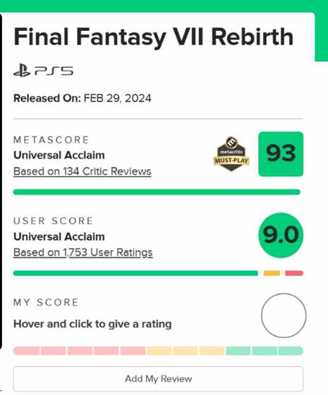 晨报|《最终幻想7：重生》M站均分升至93 Steam在线玩家数破3500万